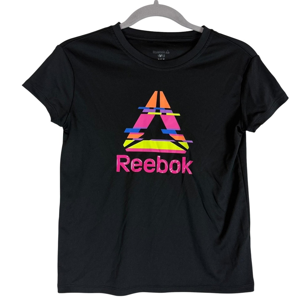 Reebok Shirt Kids 10/12‎ Black Crewneck Short Sleeve Neon Logo Athletic Tee